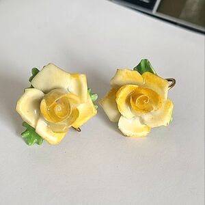 Vintage Ceramic Bone China England Yellow Flower Floral Clip On Earrings